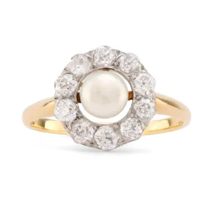 Edwardian Pearl Diamond 18K Yellow Gold Cluster Ring