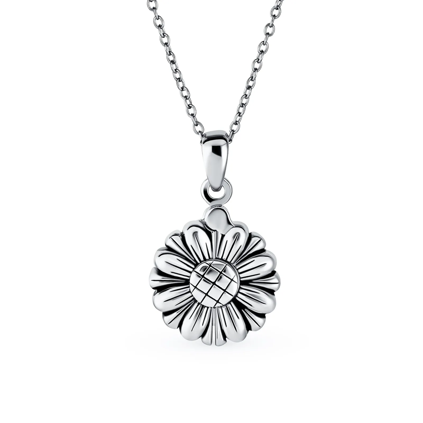 Floral Sunflower Locket Necklace in Rhodium Plated Sterling Silver