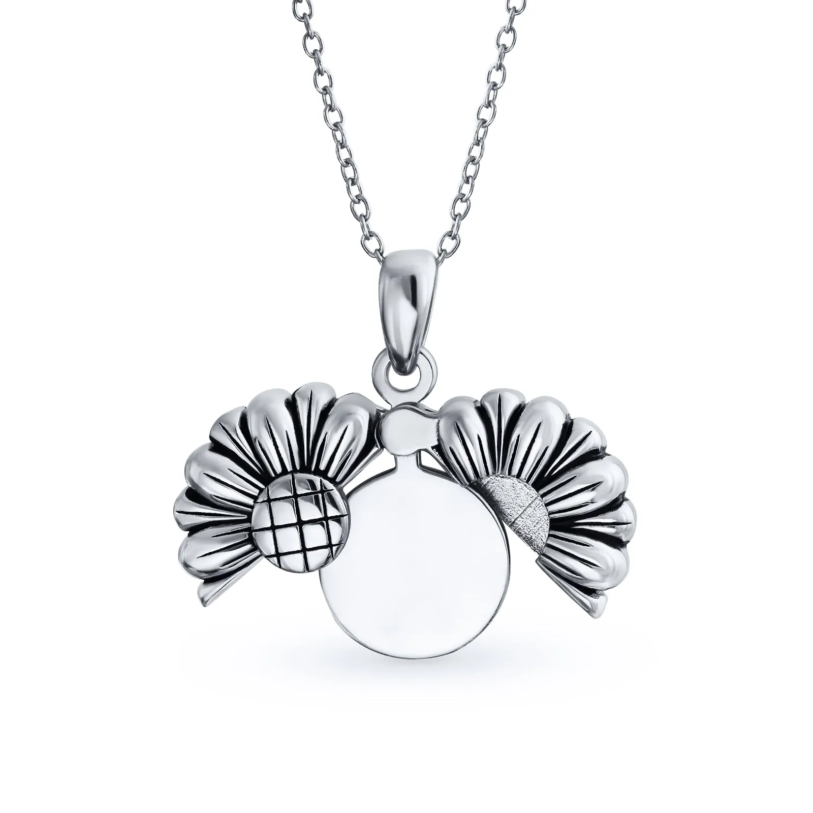 Floral Sunflower Locket Necklace in Rhodium Plated Sterling Silver