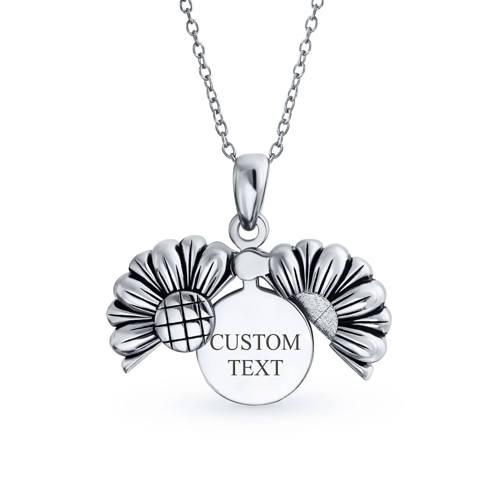 Floral Sunflower Locket Necklace in Rhodium Plated Sterling Silver