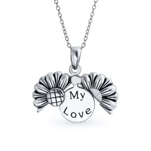 Floral Sunflower Locket Necklace with Inspirational Saying Rhodium Plated Silver