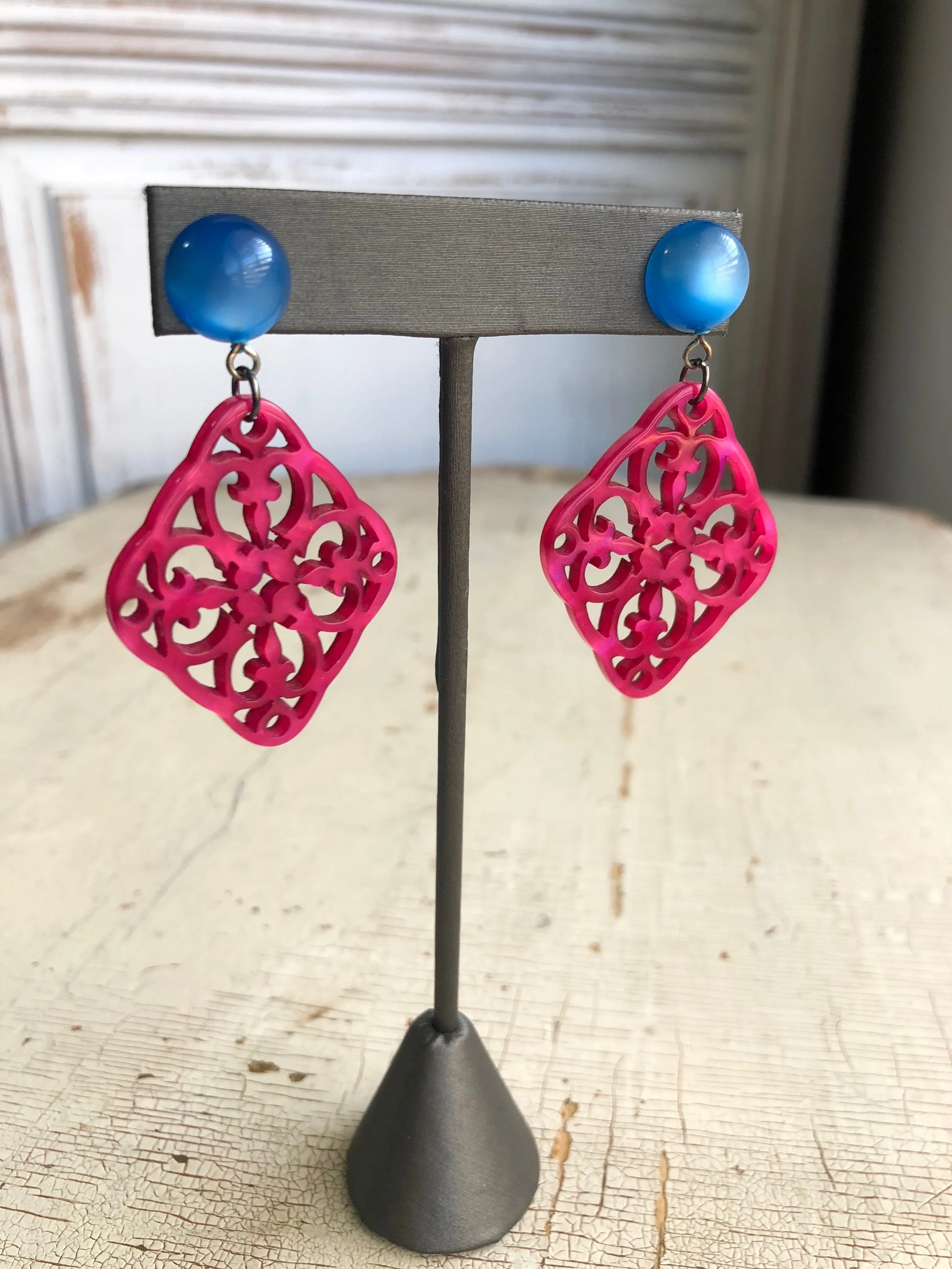 Fuchsia & Aqua Bohemian Lace Medallion Earrings