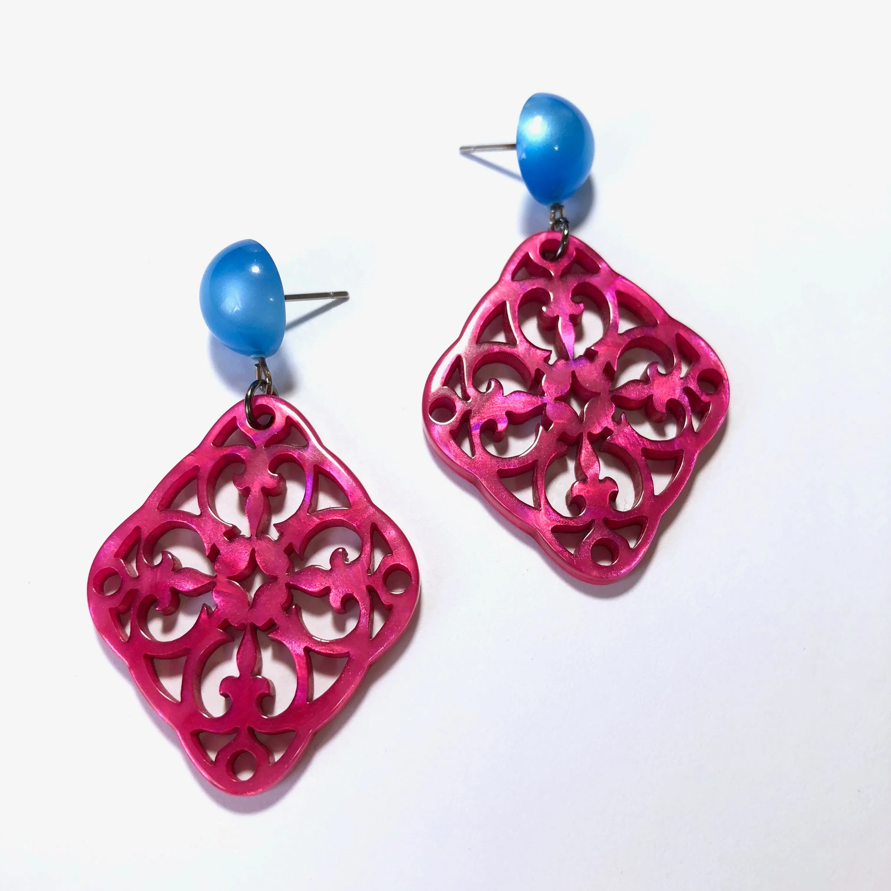 Fuchsia & Aqua Bohemian Lace Medallion Earrings