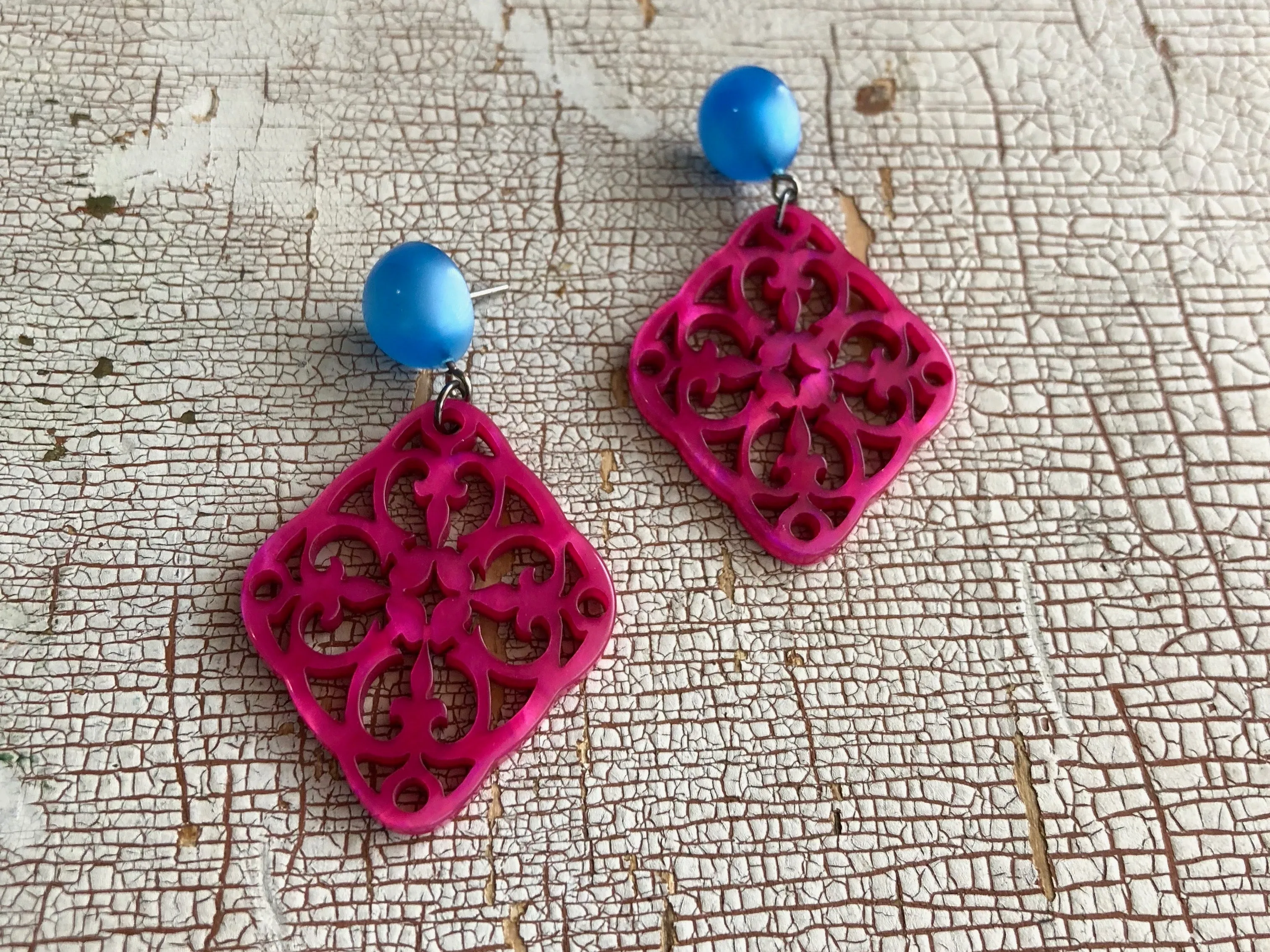 Fuchsia & Aqua Bohemian Lace Medallion Earrings