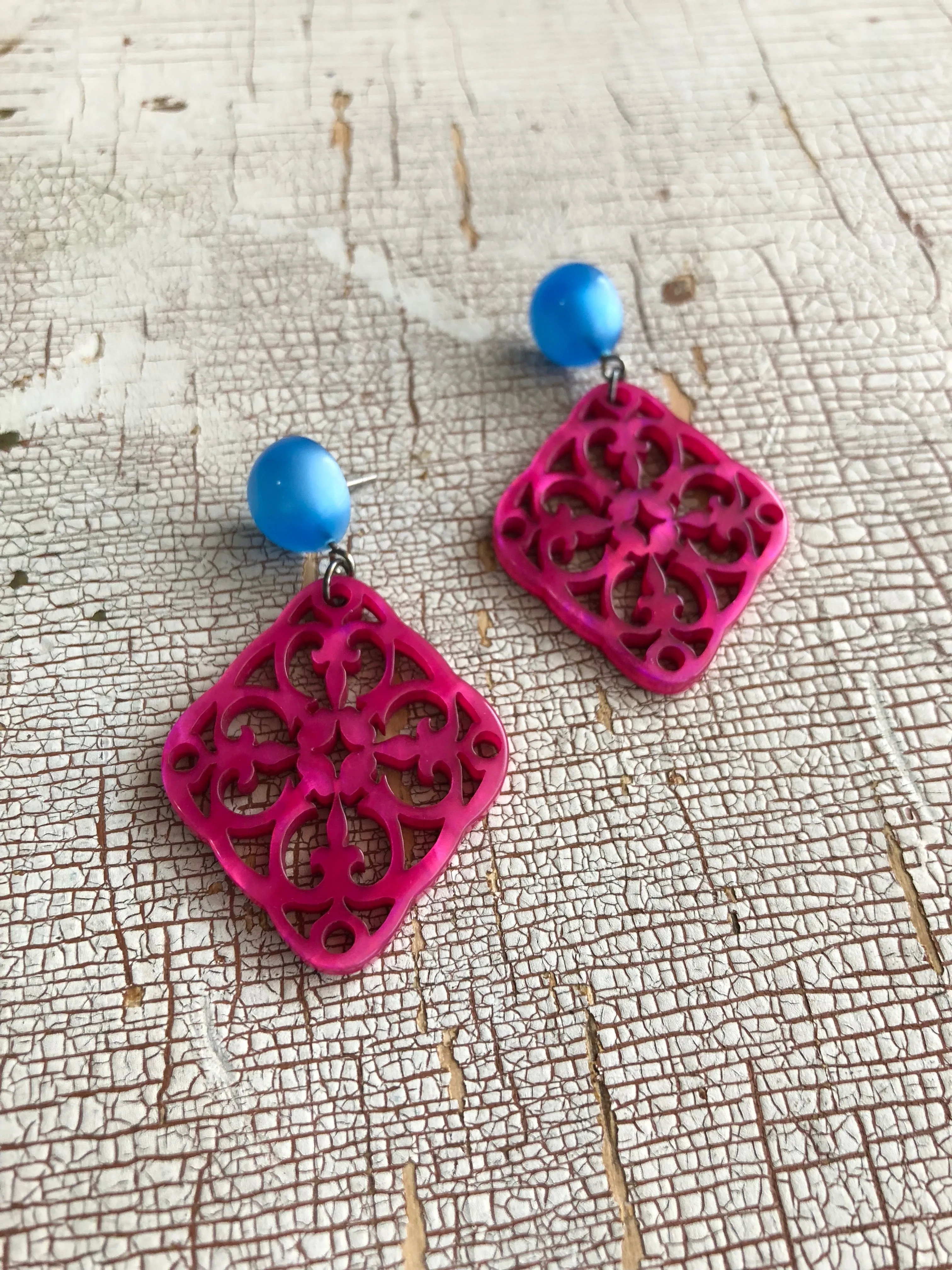 Fuchsia & Aqua Bohemian Lace Medallion Earrings