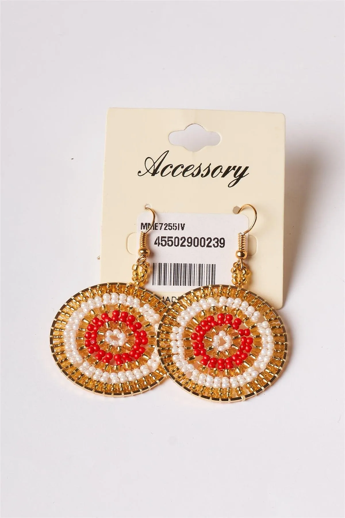 Gold Ivory Red Beaded Disc Drop Earrings /1 Pair