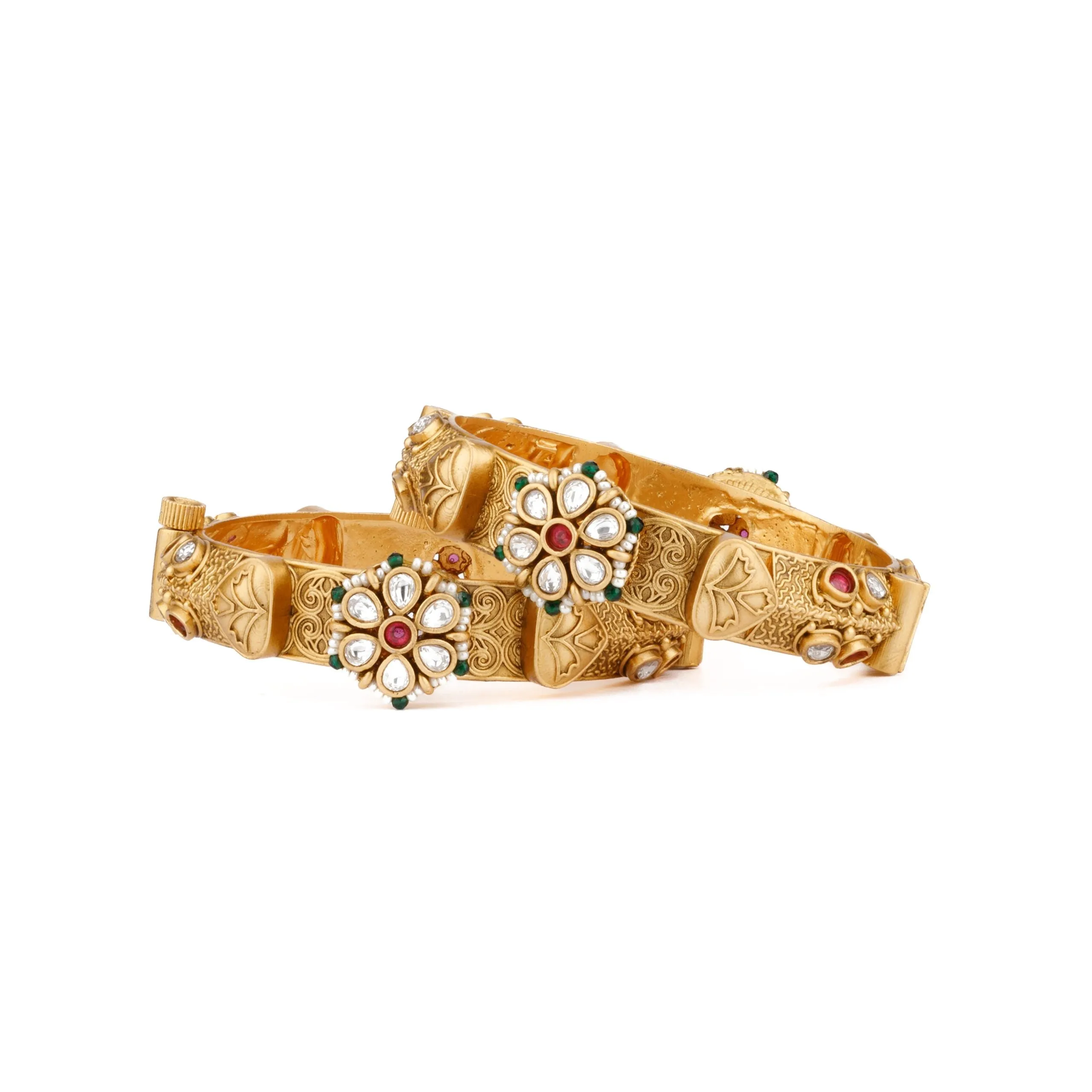 Gold Plated Kundan With Red Onyx Stone & Mulit Colour Pearls Bangles, Set of 2