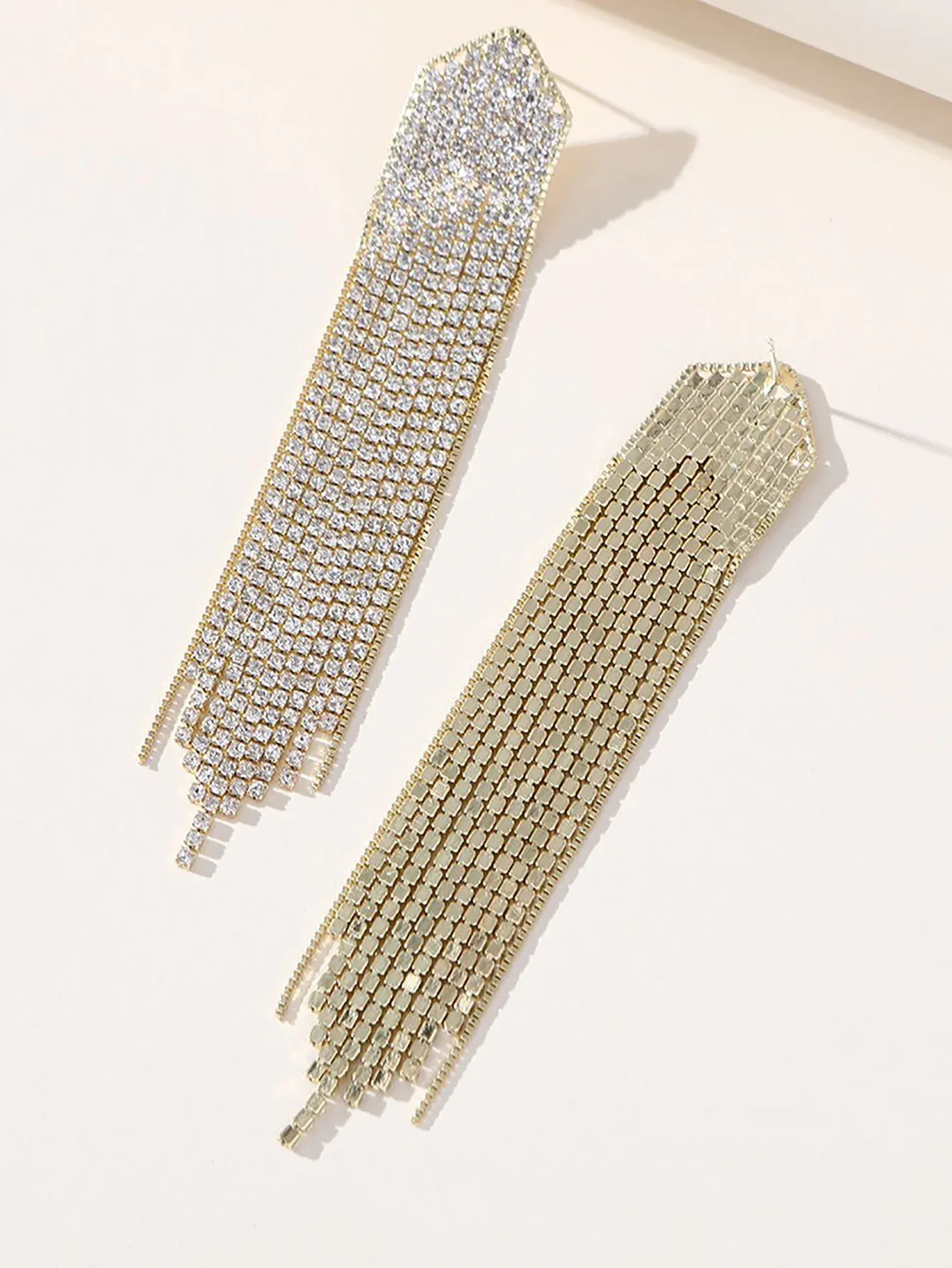 Golden Simple Rhinestones Tassel Long Earrings