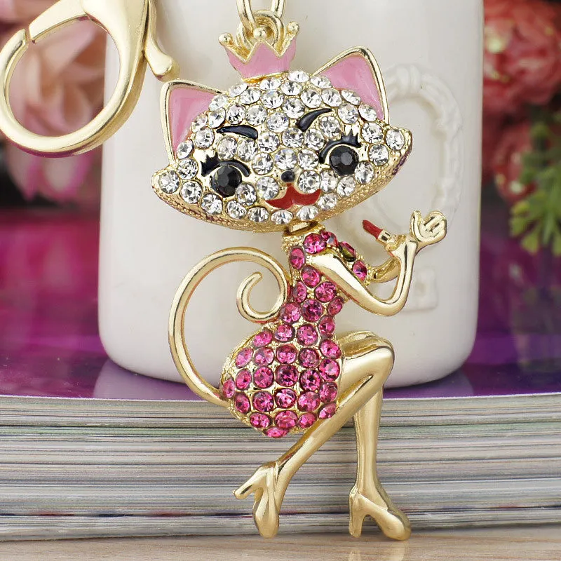 Grace Crown Lipstick Cat Lady Crystal HandBag Pendant Keyrings Keychains For Car key Chains holder for women