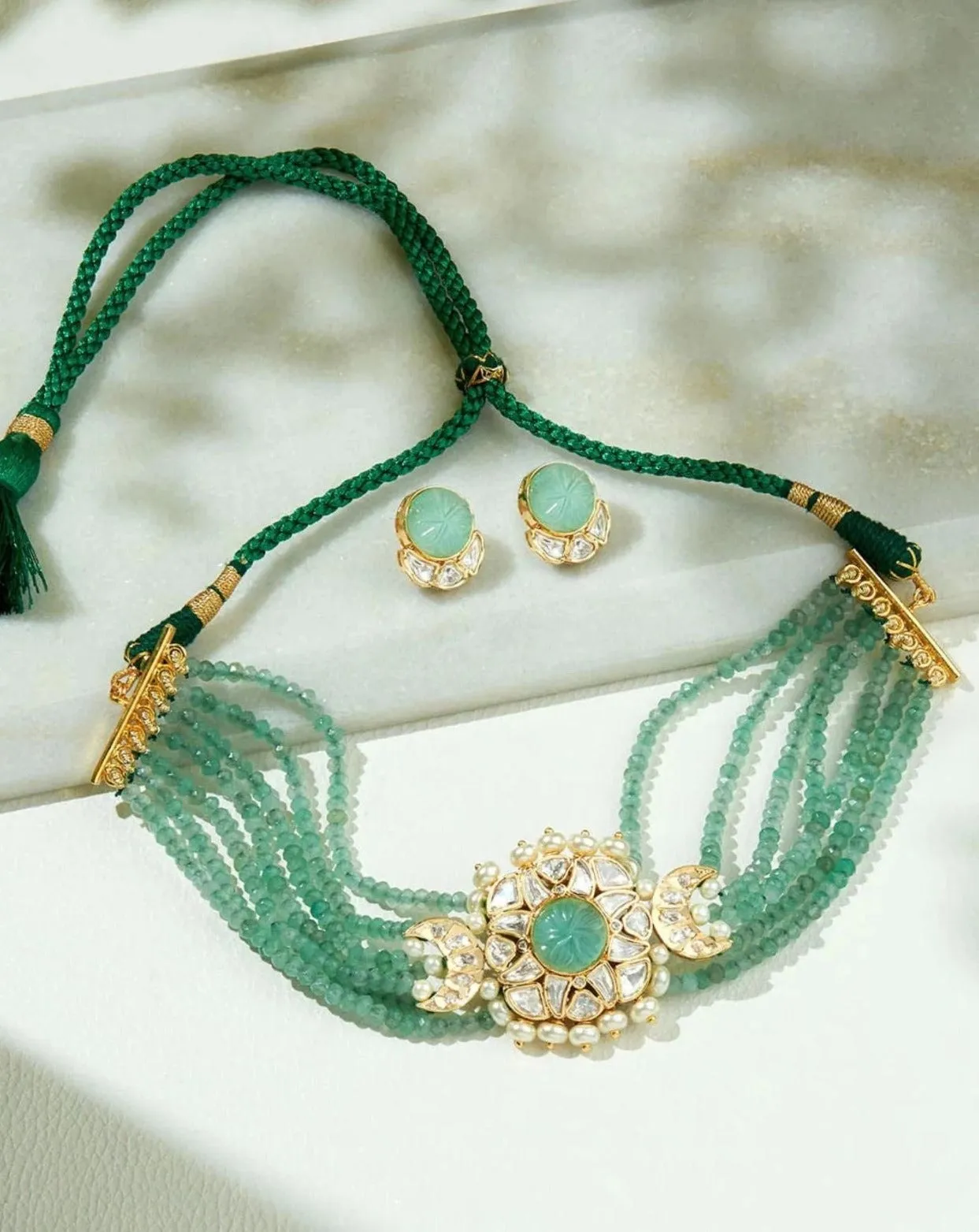 Green & Golden Polki Necklace Set