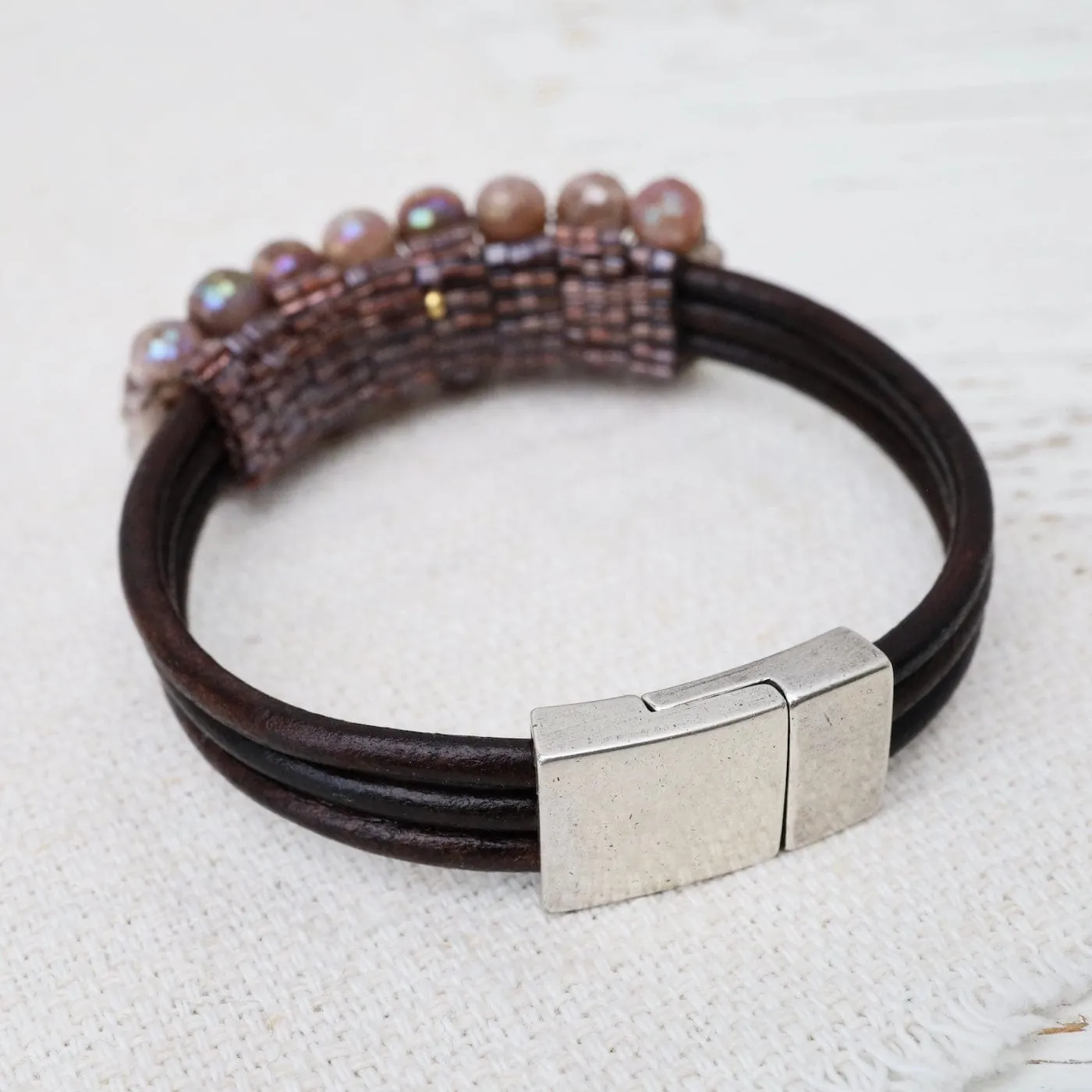 Hand Stitched Coated Diamond Bellini Moonstone Leather Bracelet