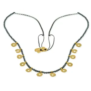 Handmade Short Necklace With Gold Plated Silver Coins & Hematite Stones