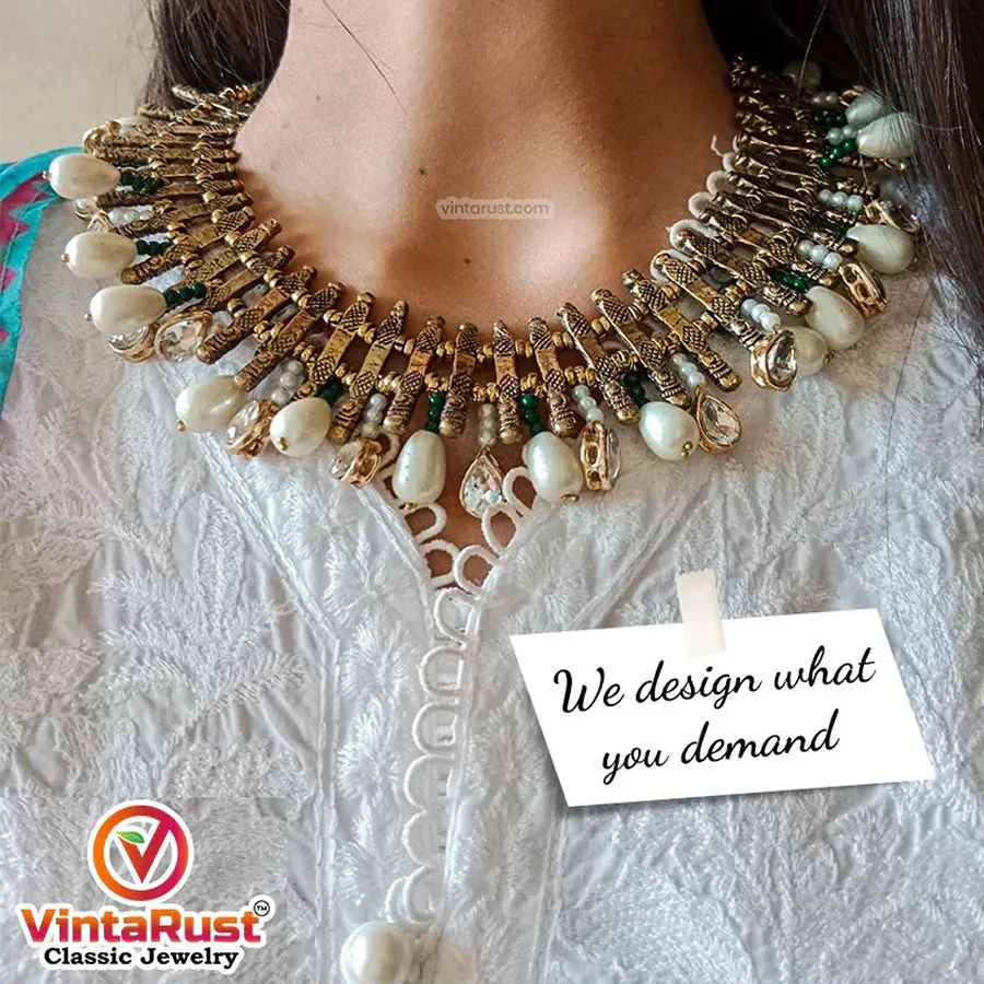 Handmade Tribal Metal Choker Necklace with Pearls