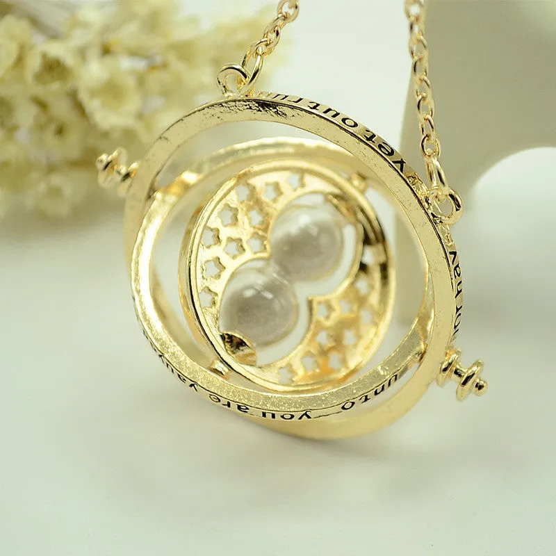 Harry Potter Time Turner Necklace Rotating Spins Gold Hourglass