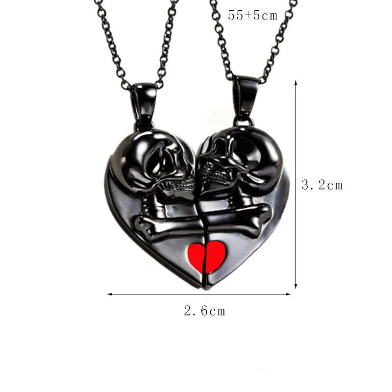 Heart-shaped Magnetic Stitching Love Skull Couple Necklace