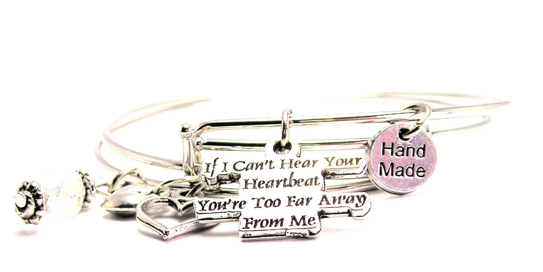 If I Cant Hear Your Heart Beat You're Too Far Away From Me Expandable Bangle Bracelet Set