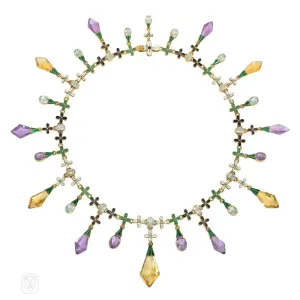 Important antique Carlo Giuliano multi-gem, enamel, and gold necklace