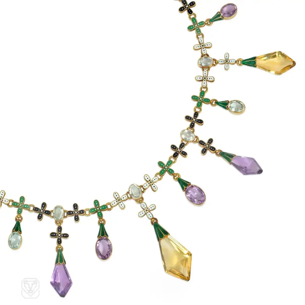 Important antique Carlo Giuliano multi-gem, enamel, and gold necklace