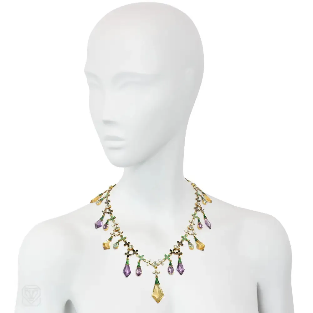 Important antique Carlo Giuliano multi-gem, enamel, and gold necklace