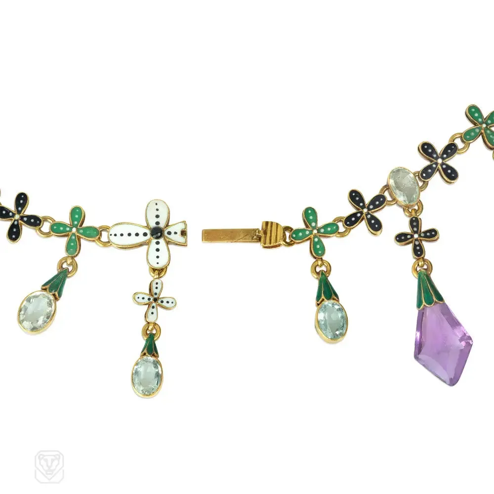 Important antique Carlo Giuliano multi-gem, enamel, and gold necklace