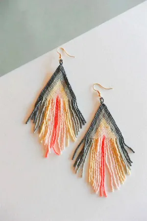 Janice Gray and Coral Fringe Dangle Beaded Earrings