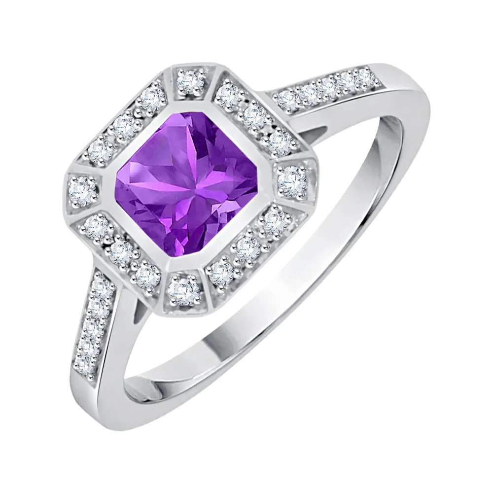 KATARINA Diamond and Cushion Cut Amethyst Halo Engagement Ring (3/4 cttw)