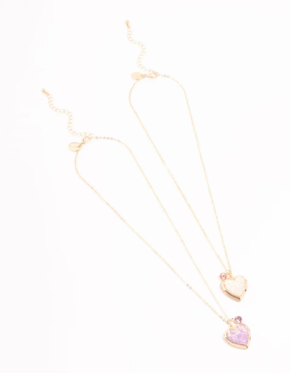 Kids Gold Pink Sprinkle Heart Locket Necklaces 2-Pack