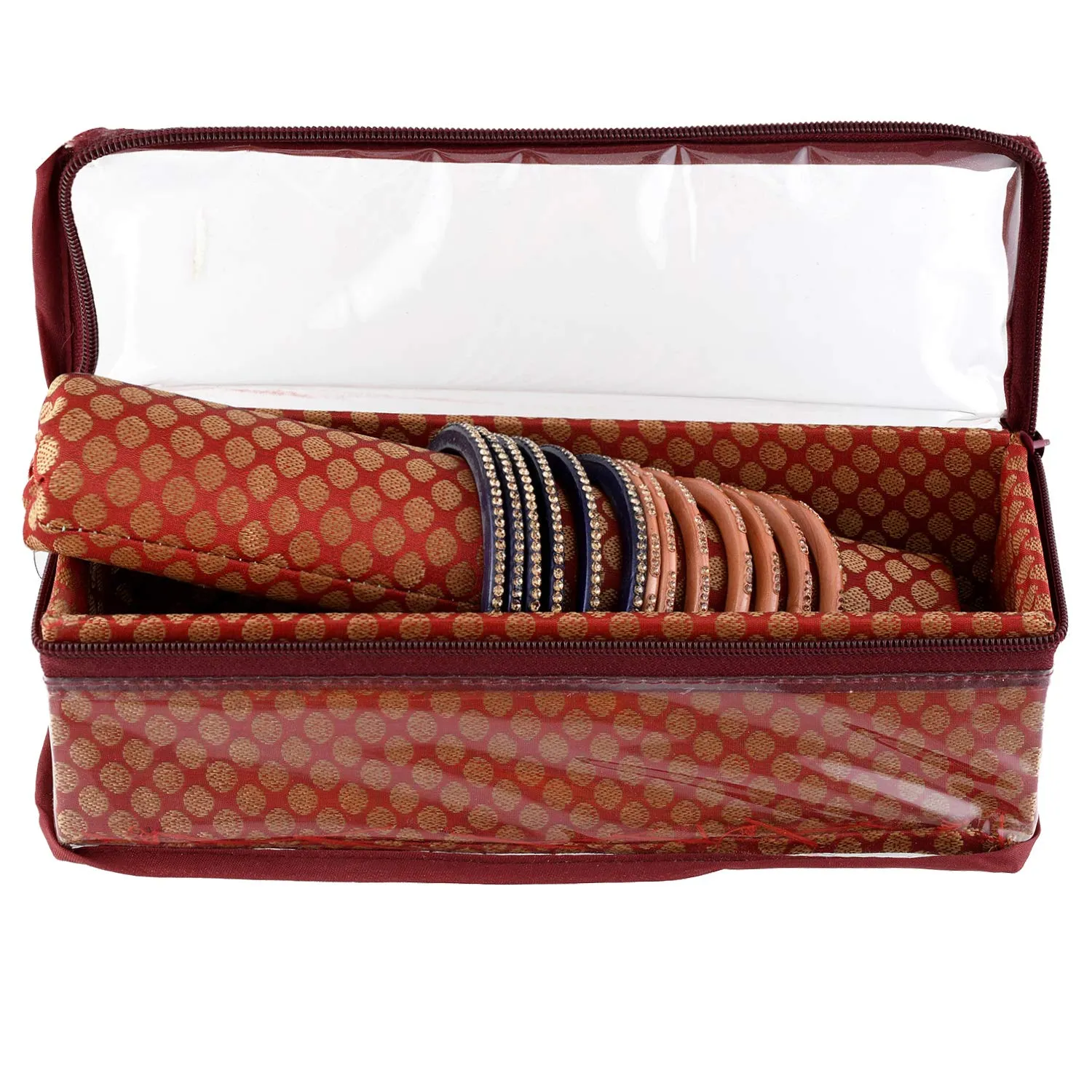 Kuber Industries Polka Dots Design Brocade Hardboard One Rod Bangle Box (Maroon) - CTKTC038809