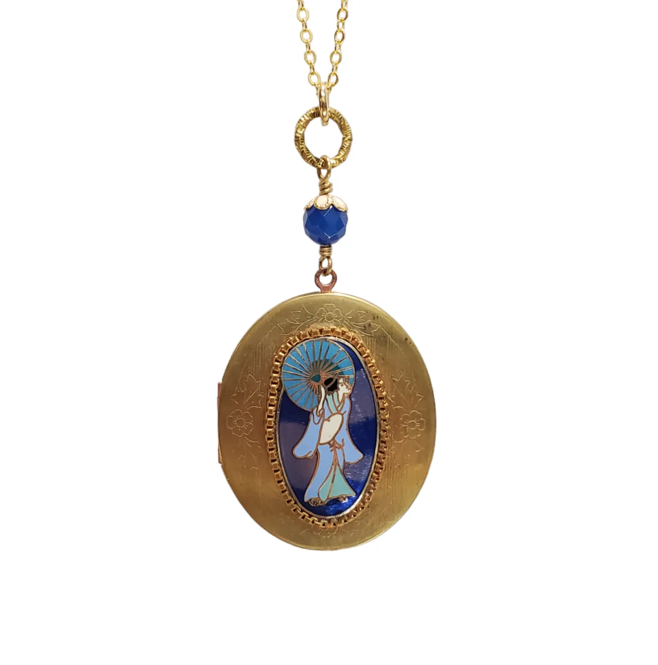 Large Vintage Locket Geisha Girl - Blue Onyx