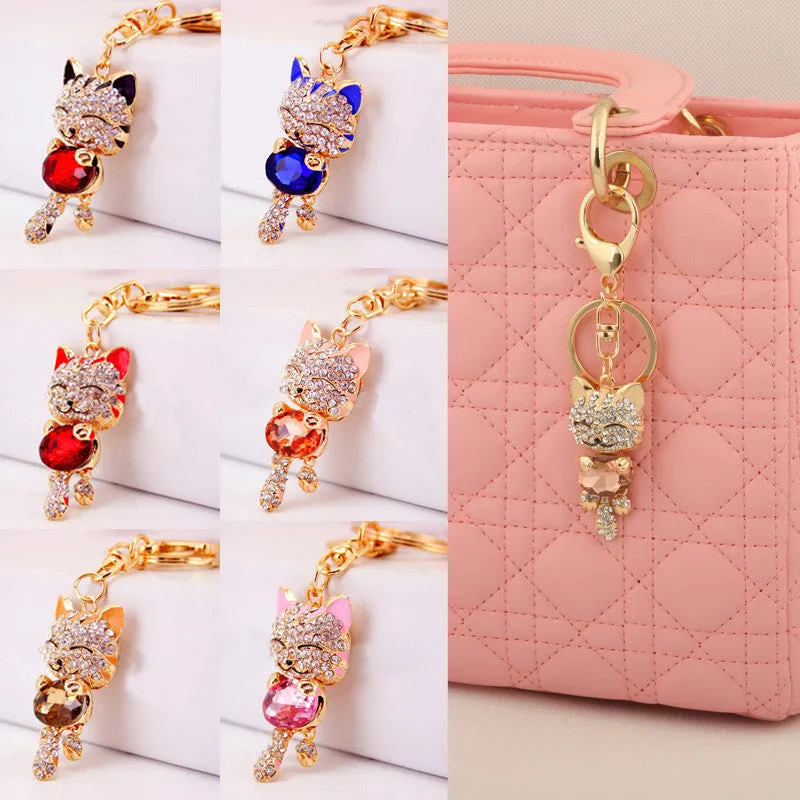 LNRRABC Cat Women Bag Keychain Holder Gold Color Rhinestone Women Handbag Charm Metal Key Chains Key Rings Pendant llaveros