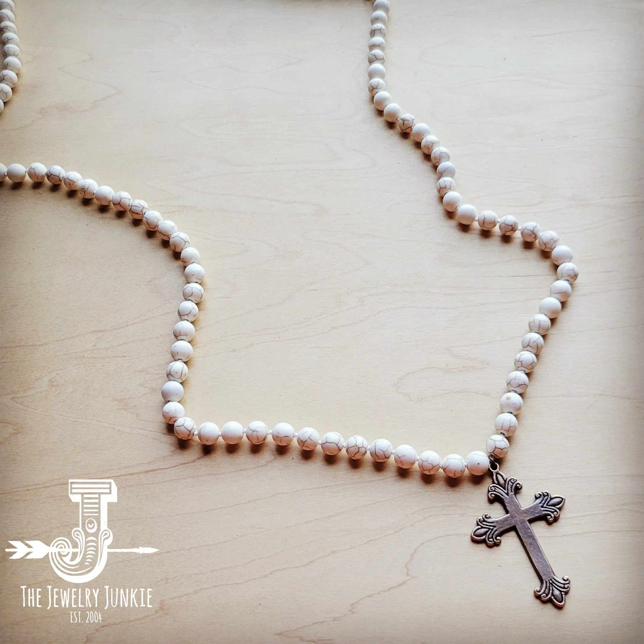 Long White Turquoise Beaded Necklace w/ Copper Cross 259a