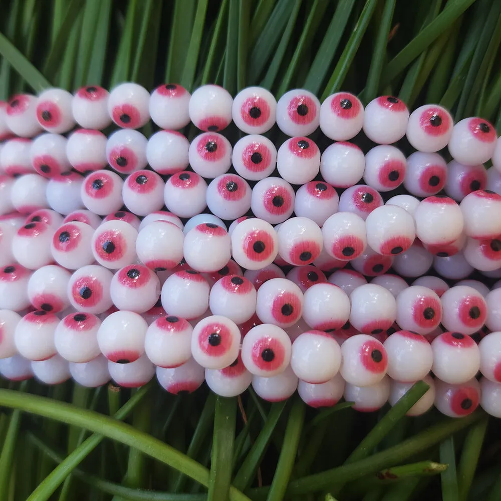 MILKY WHITE WITH LITE RED EYE' 8 MM ROUND ' SUPER FINE QUALITY EVIL EYE GLASS CRYSTAL BEADS SOLD BY PER LIN PACK' APPROX PIECES 47-48 BEADS