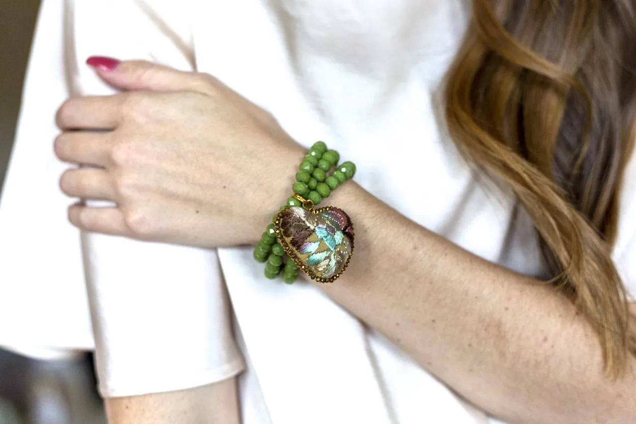 Moss GreenCrystal Beads and Embroidered Heart Stretch Bracelet