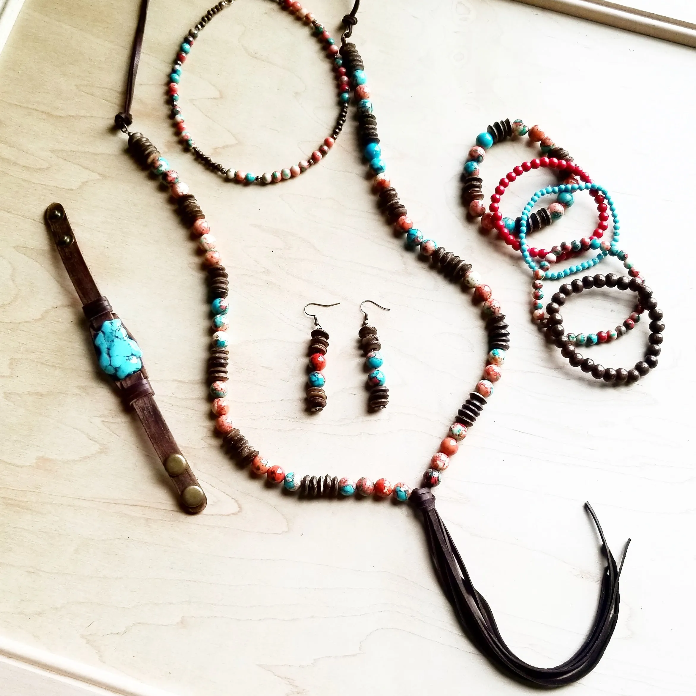 Multi-Colored Turquoise Necklace with Wood Beads and Leather Tassel 236B