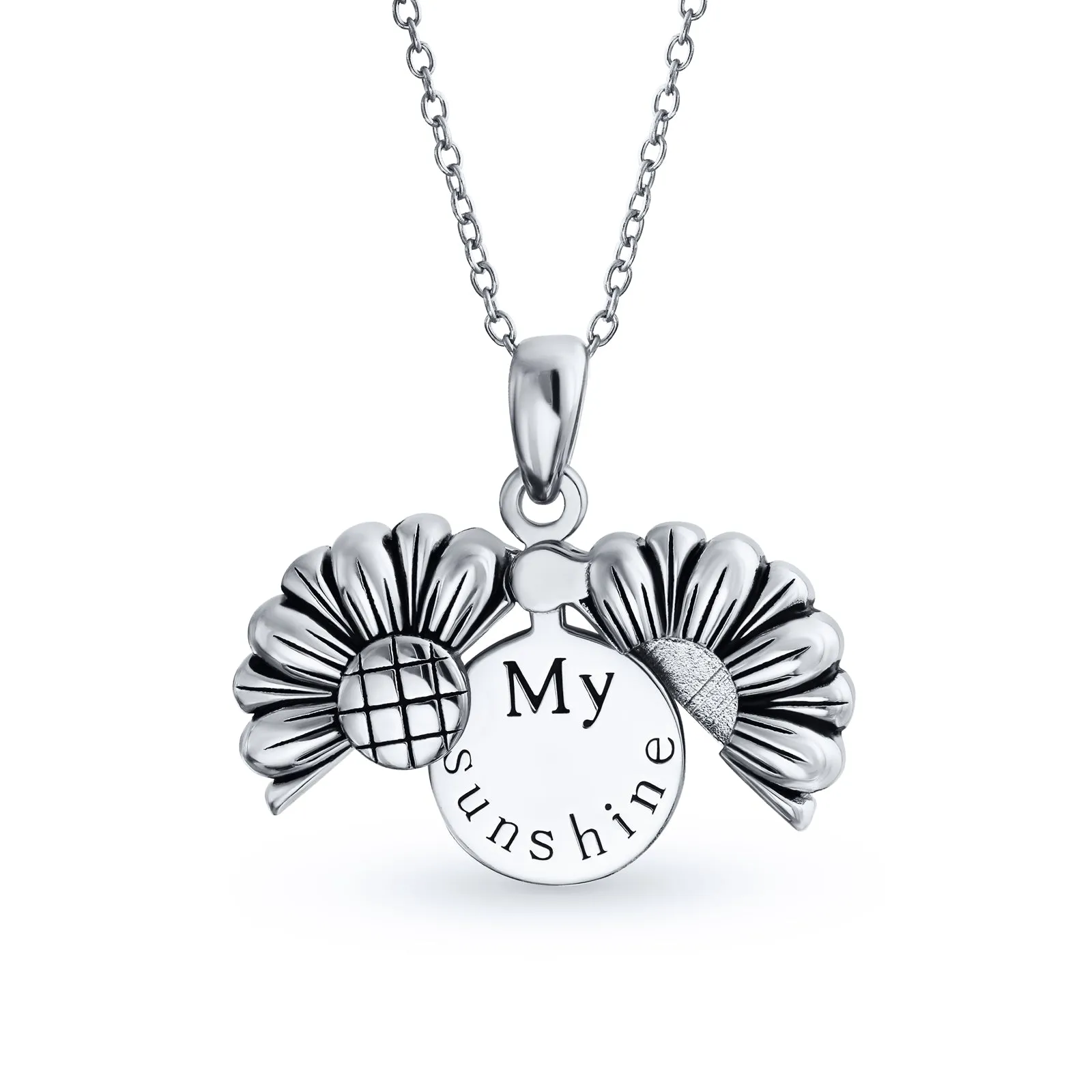 MY SUNSHINE Words Sunflower Locket Pendant Necklace Sterling Silver