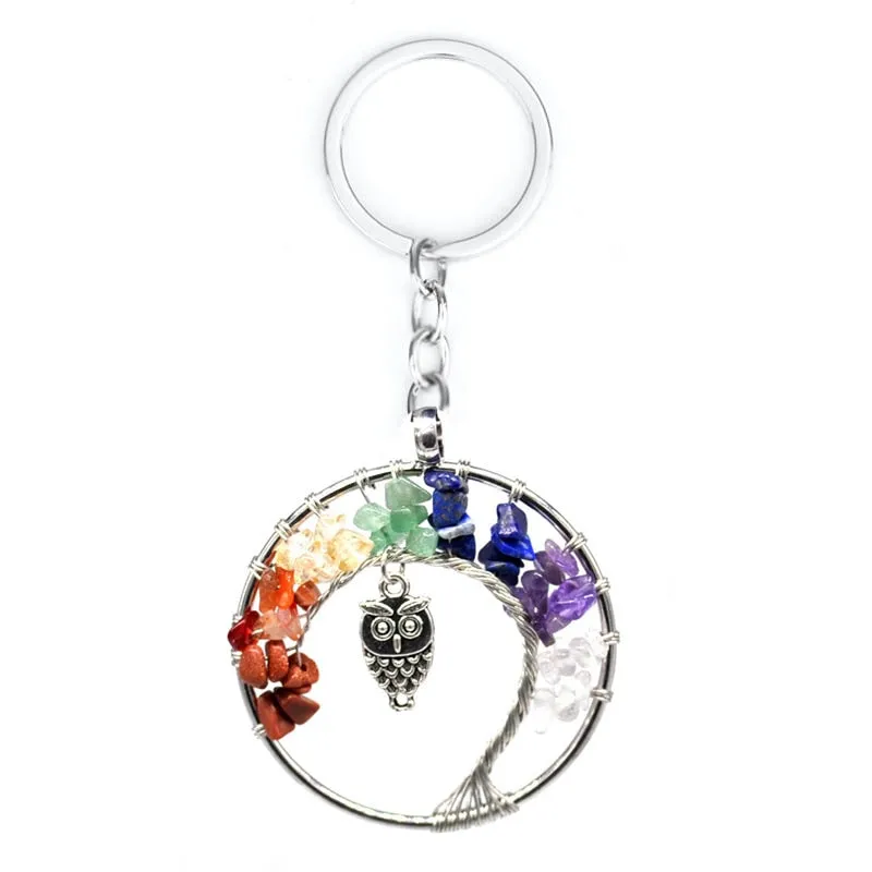 Natural Crystal Stone 7 Chakra Round Tree of Life Pendant Keychains Key Ring Key Holder