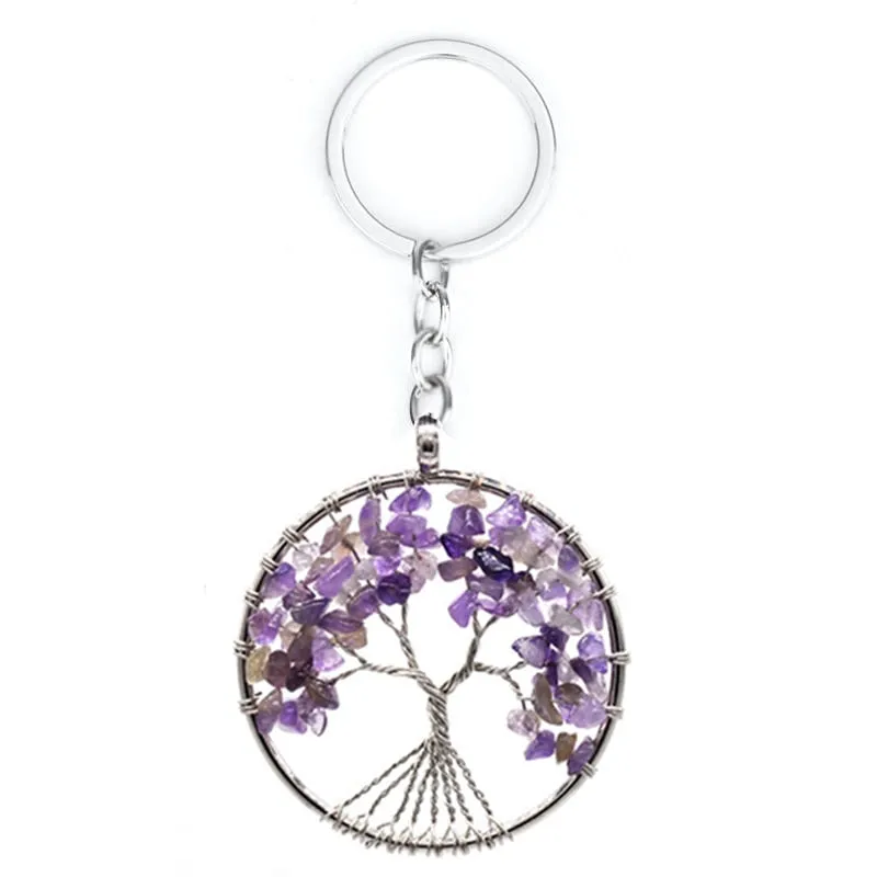 Natural Crystal Stone 7 Chakra Round Tree of Life Pendant Keychains Key Ring Key Holder