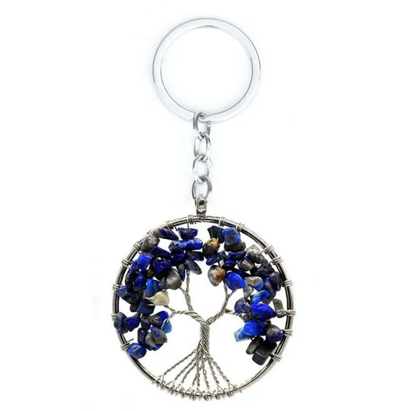 Natural Crystal Stone 7 Chakra Round Tree of Life Pendant Keychains Key Ring Key Holder