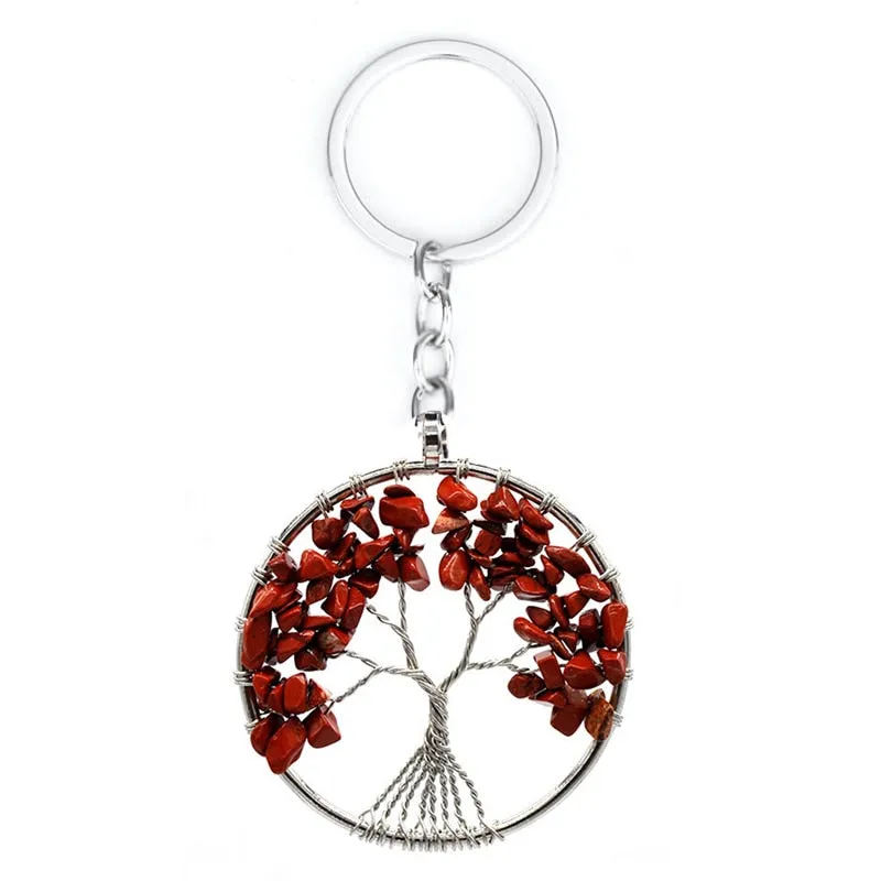 Natural Crystal Stone 7 Chakra Round Tree of Life Pendant Keychains Key Ring Key Holder