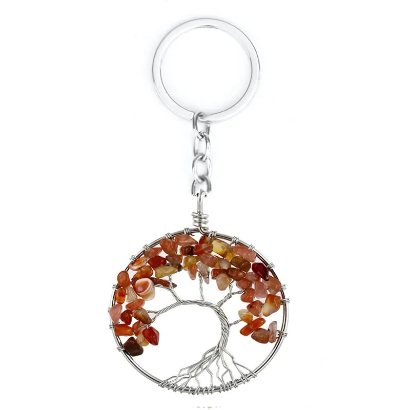 Natural Crystal Stone 7 Chakra Round Tree of Life Pendant Keychains Key Ring Key Holder