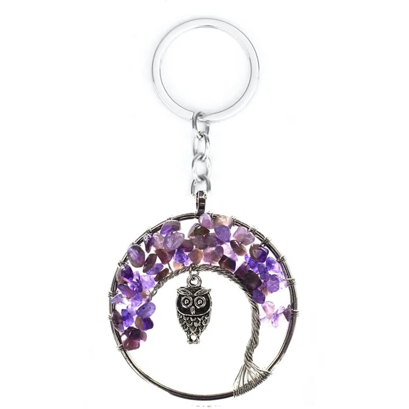 Natural Crystal Stone 7 Chakra Round Tree of Life Pendant Keychains Key Ring Key Holder