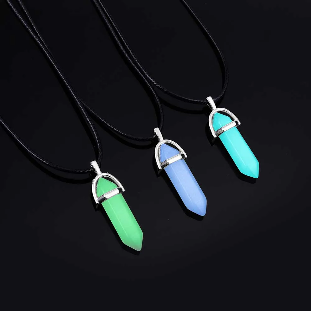 New Luminous Stone Fluorescent Hexagonal Column Necklace Natural Crystal Gem Pendant Leather Chains