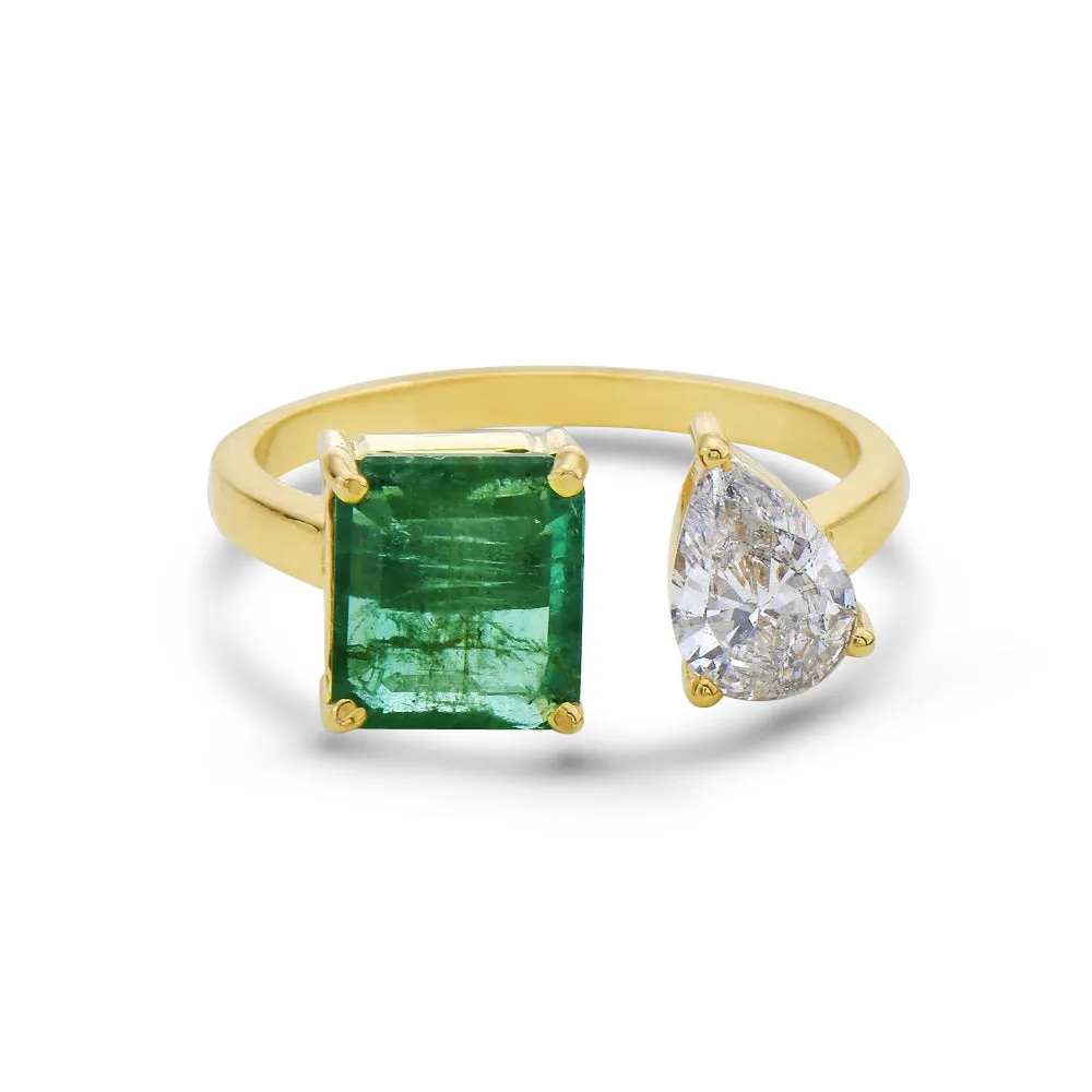 Princess Cut Emerald & Pear Shape Diamond Duo Engagement Ring (2.28 ct.) in 18K Gold