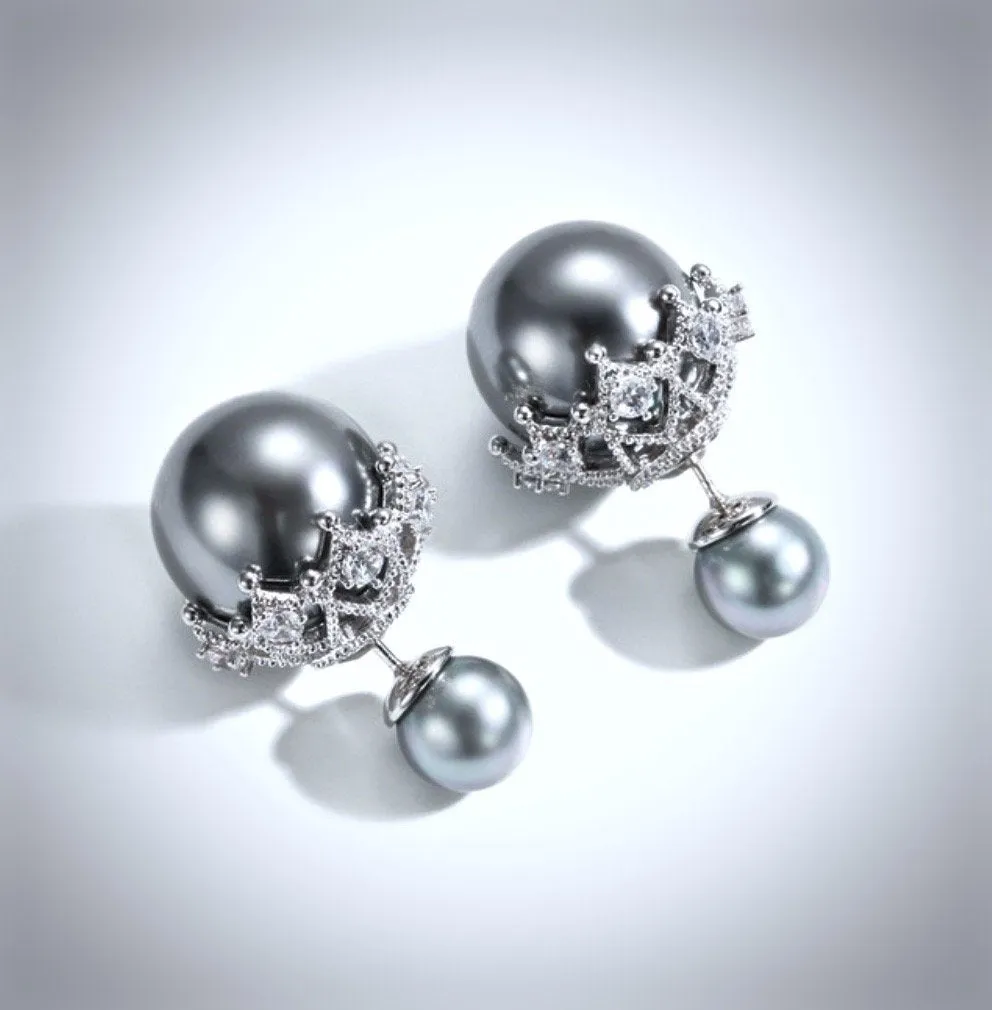 "Noelle" - Double Pearl Bridal Earrings - Available in White and Gray