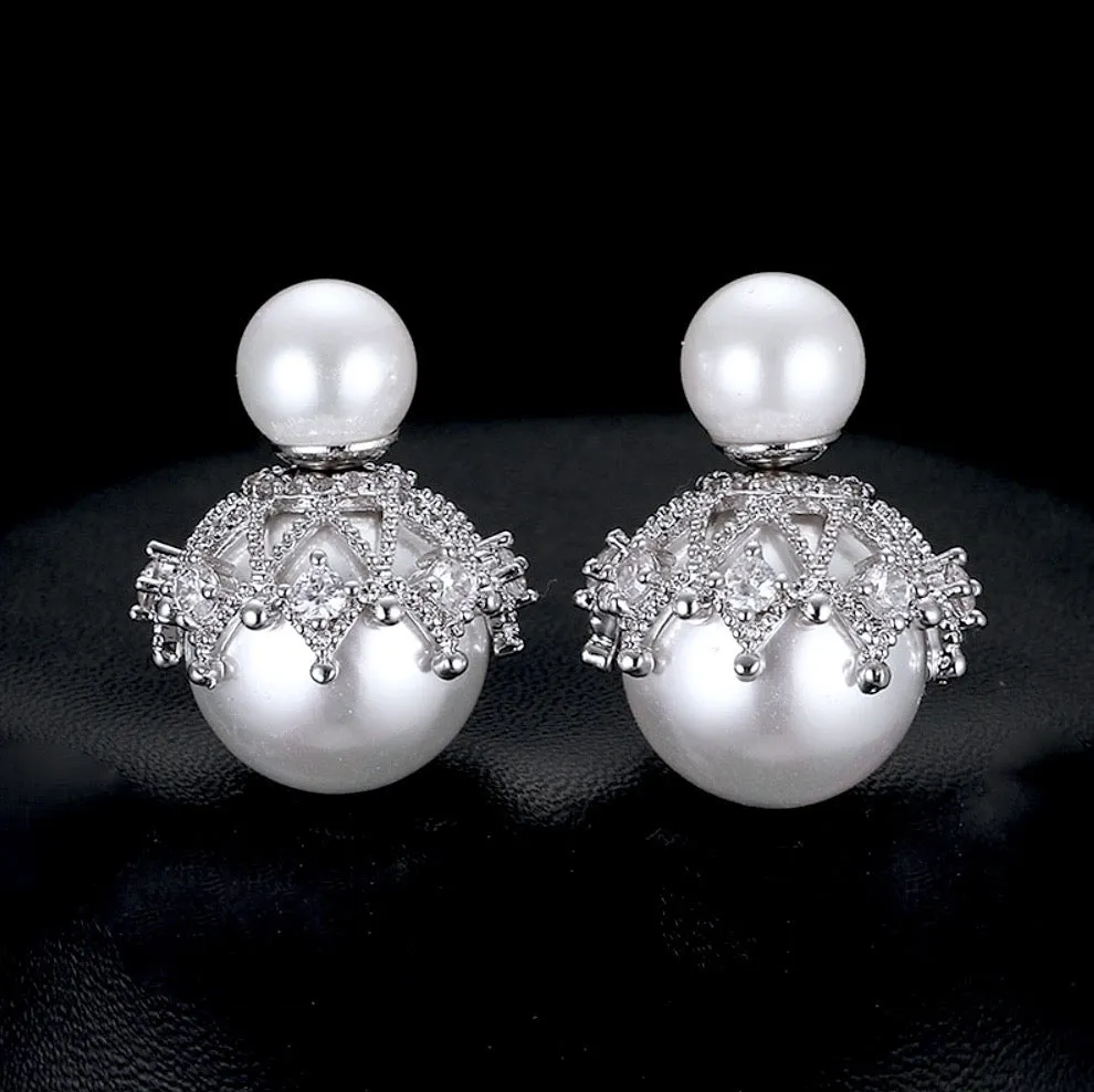 "Noelle" - Double Pearl Bridal Earrings - Available in White and Gray