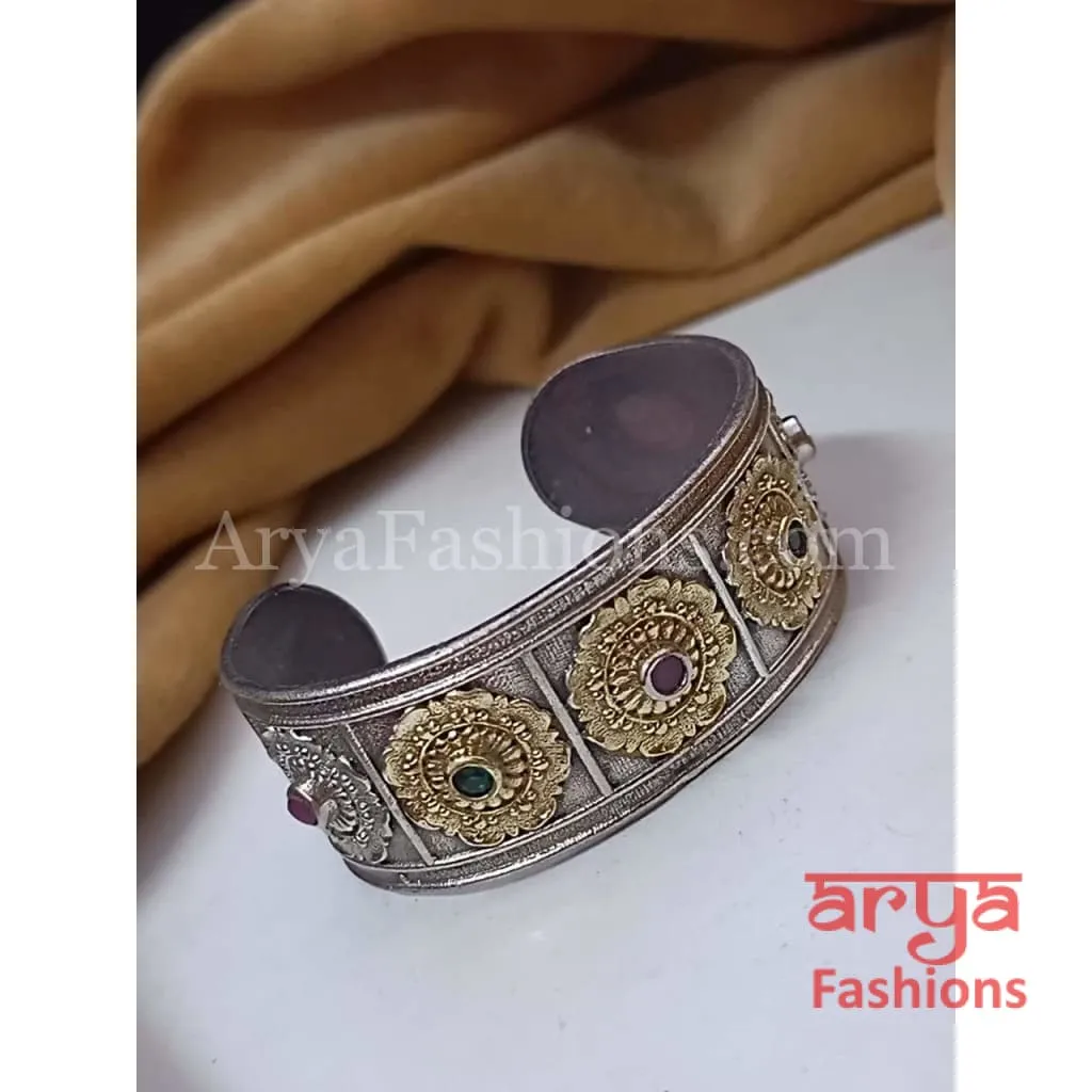 Rajwadi Two Tone Gold Silver Oxidized Statement Handcarved Adjustable Bracelet