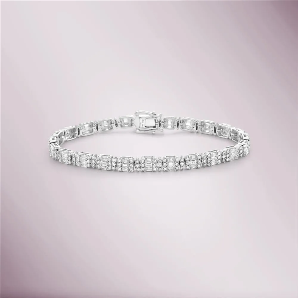 Round & Baguette Diamonds Spaced Rectangular Shape Tennis Bracelet (4.10 ct.) in 14K Gold