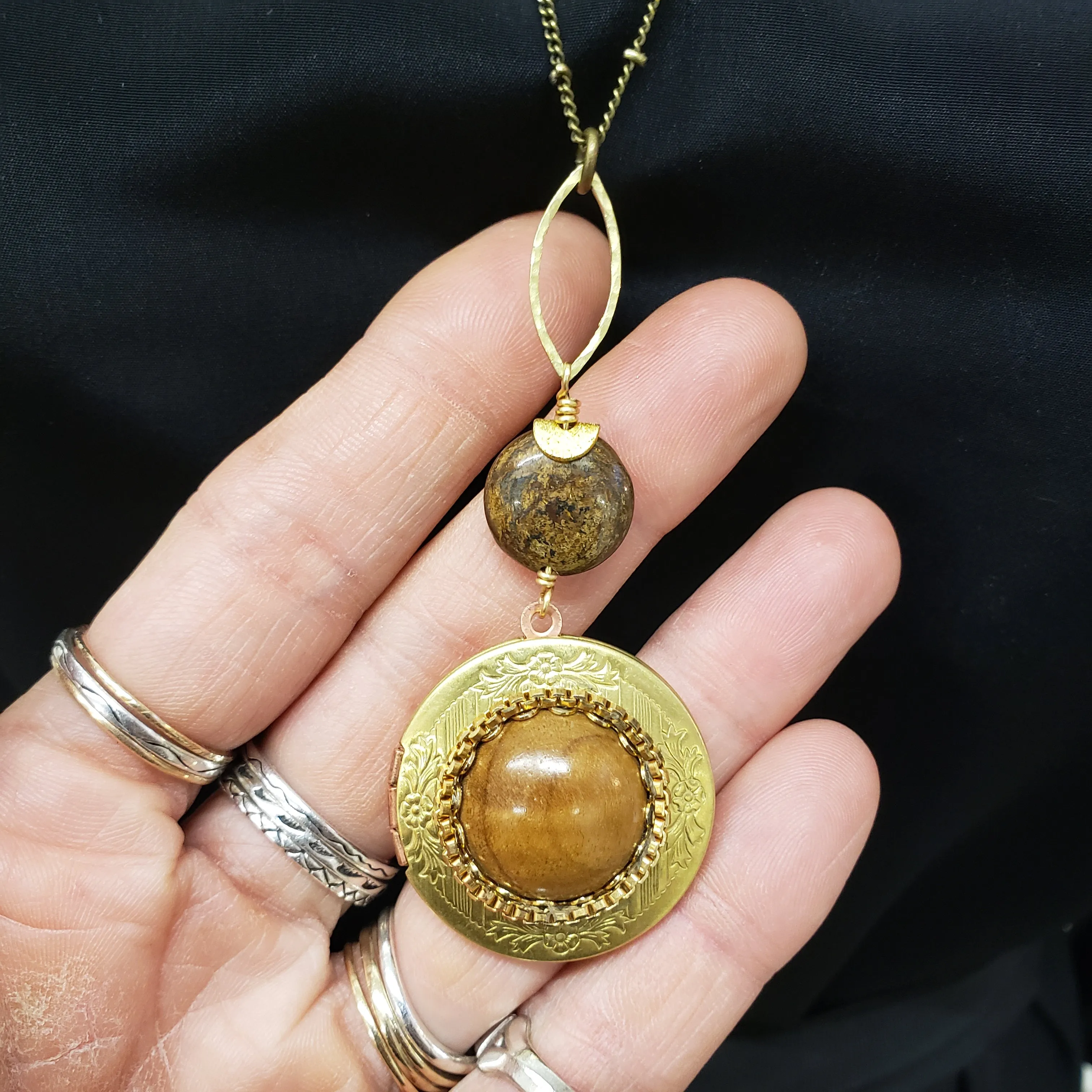 Round Vintage Locket Necklace - Bronzite and Wood