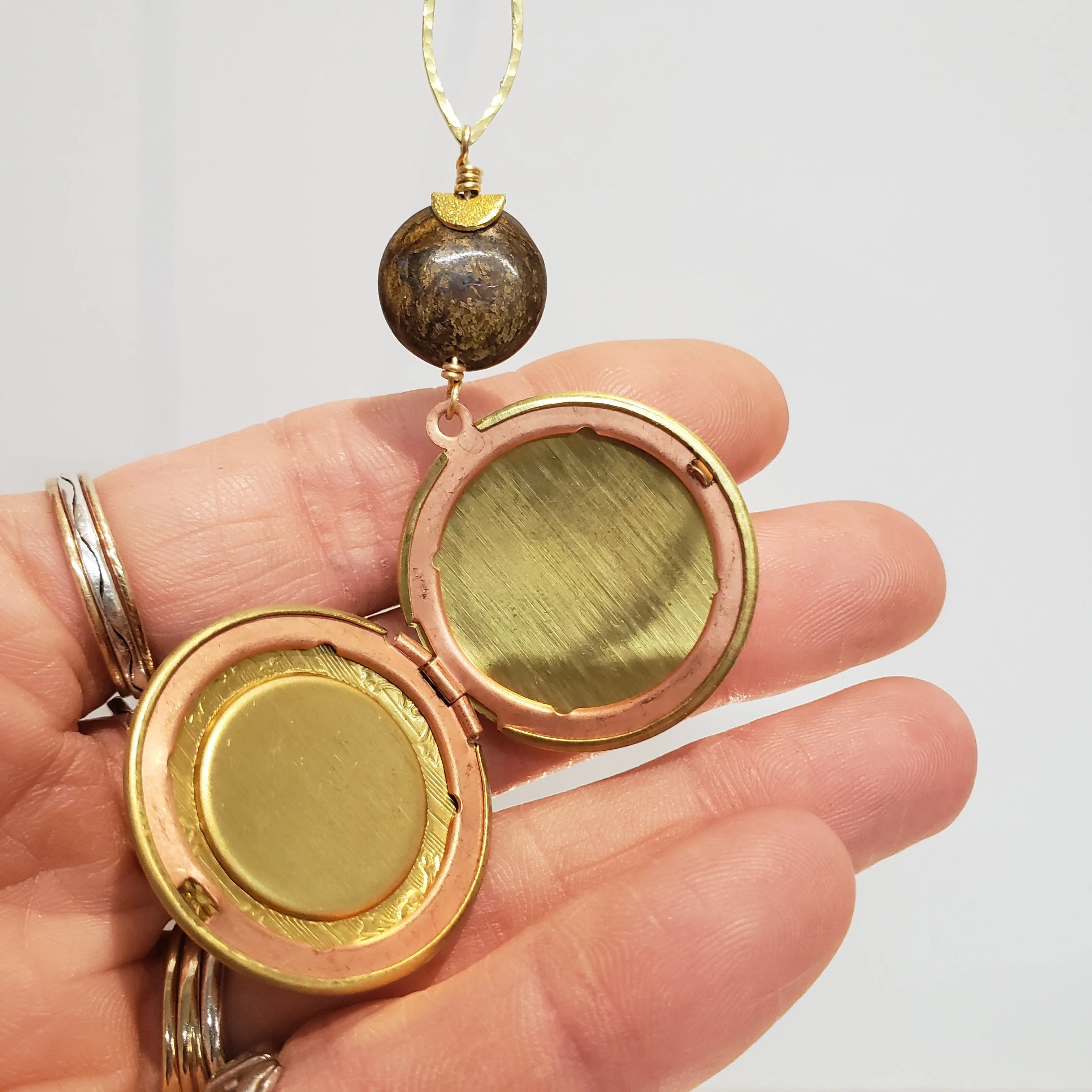 Round Vintage Locket Necklace - Bronzite and Wood