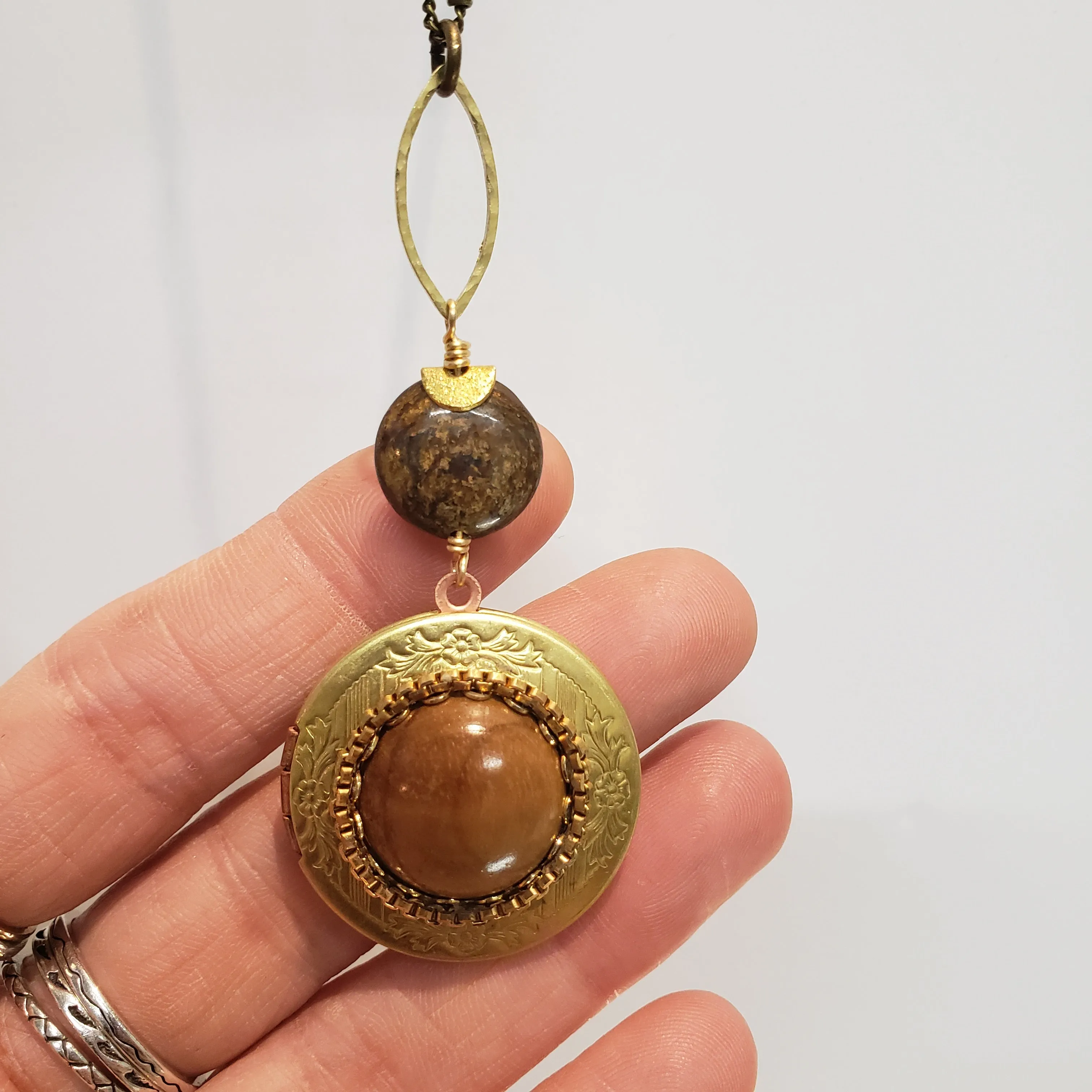 Round Vintage Locket Necklace - Bronzite and Wood